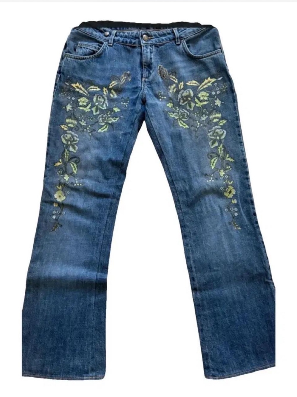 Just cavalli by Roberto cavalli women’s gold  denim floral jeans with green and
